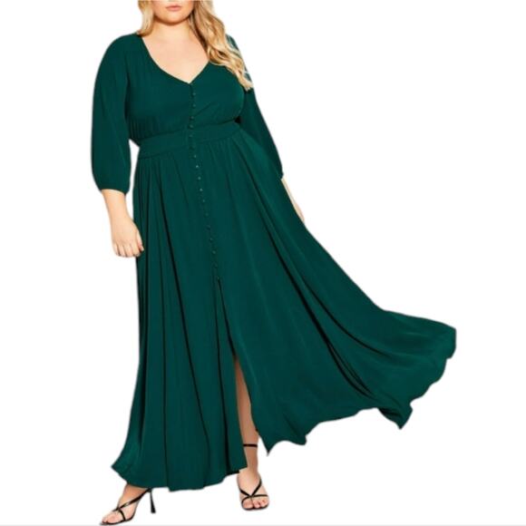 CITY CHIC Sea Hunter Green Maxi Desire Flattering V Neck Dress Plus Size 22 3X - Picture 1 of 11